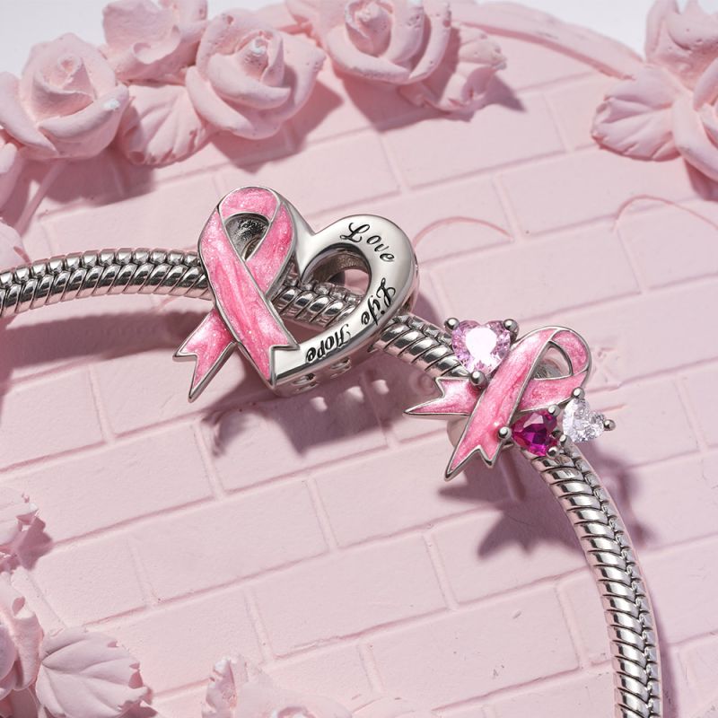 Gnoce Breast Cancer Awareness Pink Ribbon Heart Charm