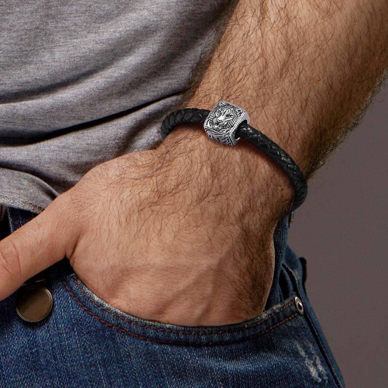 Gnoce Tiger Men s Vintage Bead S925 Sterling Silver with Gift Copper Black Leather Men s Bracelet Jewelry for Men Size 21