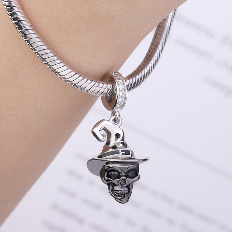 GNOCE Skull With Clown Hat Charm Pendant Sterling SilverMake You Laugh Dangle Charms fit with Czs Bracelet/Necklace Holloween Jewery Charm Gift for Women Friend 
