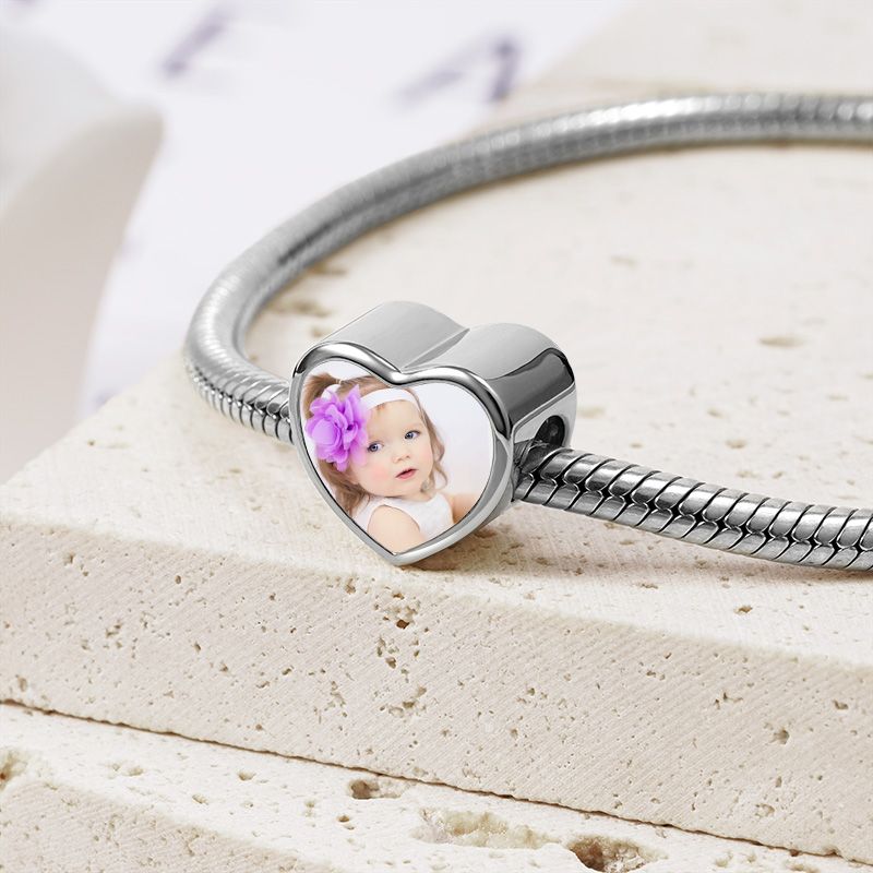 GNOCE Customised Photo Charm Bead Christmas Charms Gifts Sterling Silver Forever Love Heart Shaped Photo Charms with Pink Butterfly fit for Bracelet/Necklace 