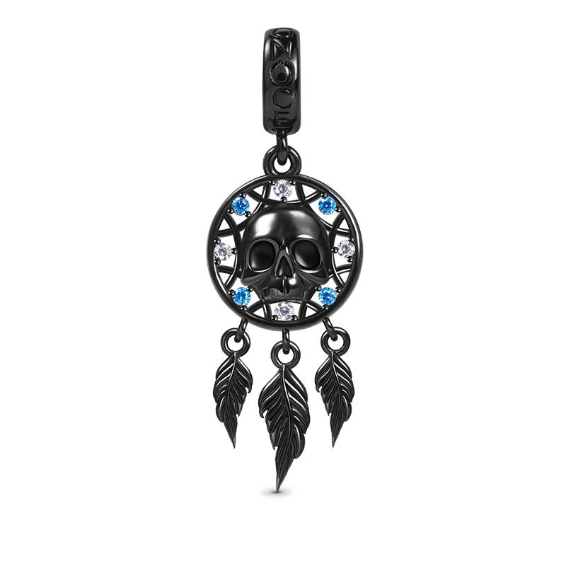 Skull Dreamcatcher Pendant Dangle Charm 925 Sterling Silver Black Plated  Inlaid with CZ Stones