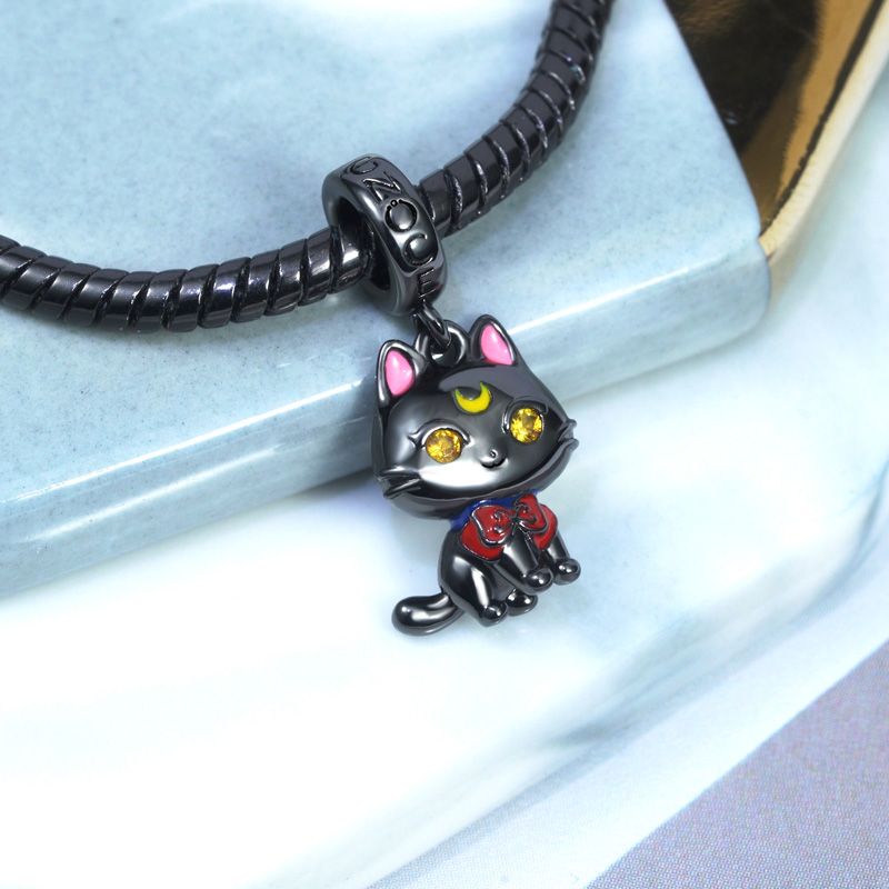 GNOCE Black Cat Bracelet Charms Sterling Silver Black plated Cat Bead Charms fit Bracelet/Necklace Jewelry Gift for Women Mens