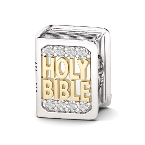 925 Sterling Silver Bible Book w/ Cross Charm Bead