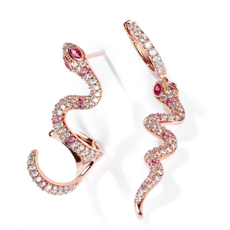 Pink Snake Earrings with Clear CZ Stones S925 Silver