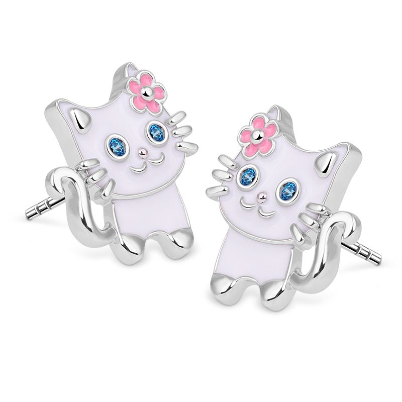 Genuine Silver Animal Earrings Cartoon Cat Moon Lovely Ear Stud Earrings Jewelry
